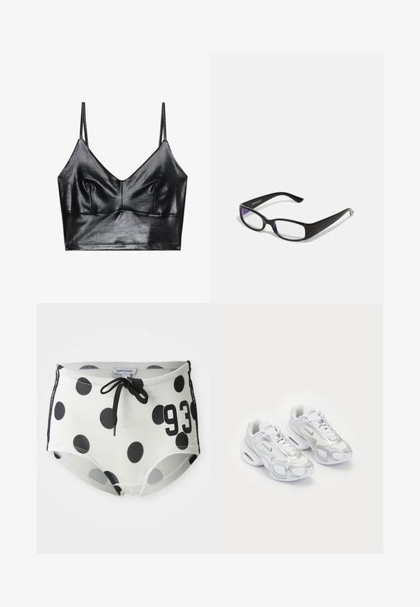 Zwarte, glanzende bralette met dunne verstelbare bandjes, met een V-halslijn, een gladde textuur en subtiele plooitjes bij de buste voor vorm.; Zwart-witte zwembroek met stippen, voorzien van een trekkoord in de taille, met het nummer "93" op de voorkant en een gladde, elastische stof.; Witte sportieve schoenen met een bovenwerk van mesh en zilveren accenten, in een unieke vorm en met luchtkussen in de hiel. Gespannen ontwerp met logo.; Zwarte rechthoekige bril met heldere glazen. Glanzende afwerking, smalle veren en paarse tint zichtbaar aan de randen van de glazen.