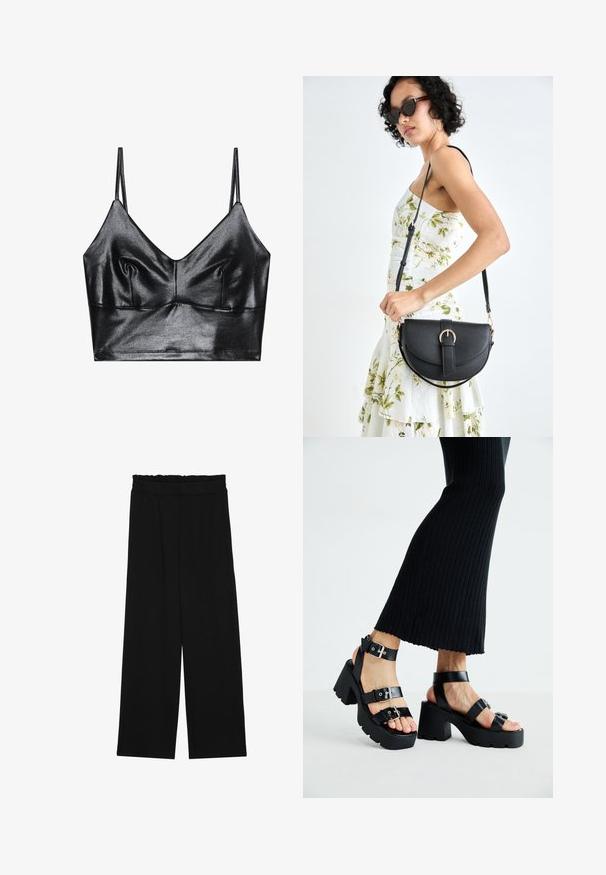 Crni, sjajni bralette s tankim podešavajućim trakama, s V-izrezom, glatkom teksturom i suptilnim nakupljanjem na grudima za oblik.; Crne široke hlače s naboranim pojasom, koje imaju dva bočna džepa i glatku, laganu tkaninu. Nema vidljivih uzoraka ili metalnih dijelova.; Crne platforme sandale s debelim, nazubljenim potplatima i višestrukim trakama, s metalnim kopčama i glatkom teksturom koja podsjeća na kožu.; Crna kožna torba s lukovitim oblikom, odvojivim remenom i zlatnim detaljima. Torba ima preklop s kopčom.
