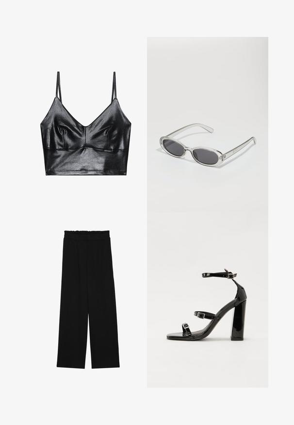 Bralette negro y brillante con tirantes delgados ajustables, que presenta un escote en V, textura suave y sutil fruncido en el busto para darle forma.; Pantalones de pierna ancha negros con una cintura con volantes, que cuentan con dos bolsillos laterales y una tela suave y ligera. Sin patrones visibles ni accesorios.; Sandalias de tacón de charol negro con punta cuadrada, correas en el tobillo y hebillas plateadas. Presentan un tacón grueso para mayor estabilidad.; Gafas de sol con forma ovalada, montura de plástico transparente, lentes gris oscuro y patillas delgadas y transparentes con acentos de logotipo y un diseño minimalista.