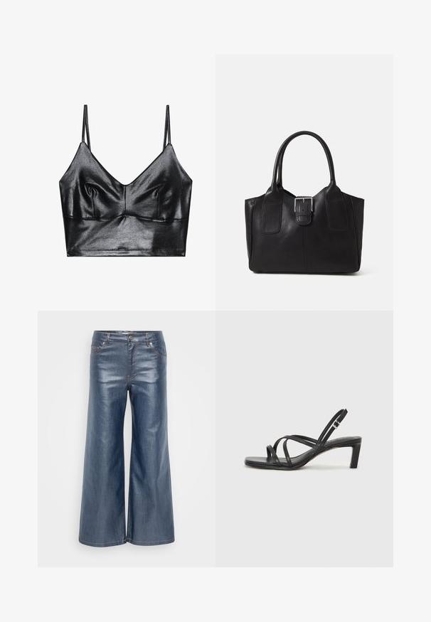 Bralette negro y brillante con tirantes delgados ajustables, que presenta un escote en V, textura suave y sutil fruncido en el busto para darle forma.; Pantalones vaqueros de pierna ancha en azul oscuro, con una textura suave, diseño de cinco bolsillos y costuras en contraste. Cierre delantero con botón y cremallera.; Sandalia negra de tiras con punta cuadrada y tacón bajo de bloque. Presenta múltiples tiras delgadas y una correa ajustable en el tobillo. Fabricada en cuero suave.; Bolso tote de cuero negro con textura suave, forma estructurada, dos asas y un prominente detalle de hebilla plateada en la parte frontal.; Anillo de plata de doble banda con una superficie lisa y pulida. Presenta un diseño fluido y curvado con secciones superpuestas para un aspecto moderno.