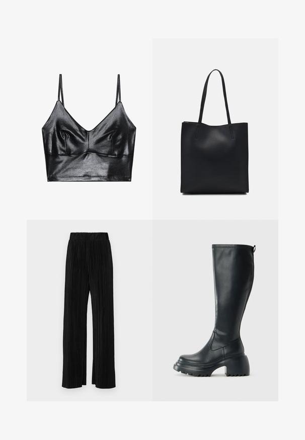 Bralet negru, lucios, cu bretele subțiri ajustabile, având un decolteu în V, textură netedă și o ușoară adunare la bust pentru formă.; Pantaloni negri plisati cu talie elastică. Prezintă picioare largi și un material neted, texturat, cu dungi verticale.; Cizme lungi din piele neagră cu talpă platformă masivă și tocul pătrat, având un tab de tragere și un model texturat pe talpa exterioară.; Geantă tote neagră din piele, cu textură netedă, formă rectangulară și două mânere lungi. Fără hardware vizibil sau ornamente.