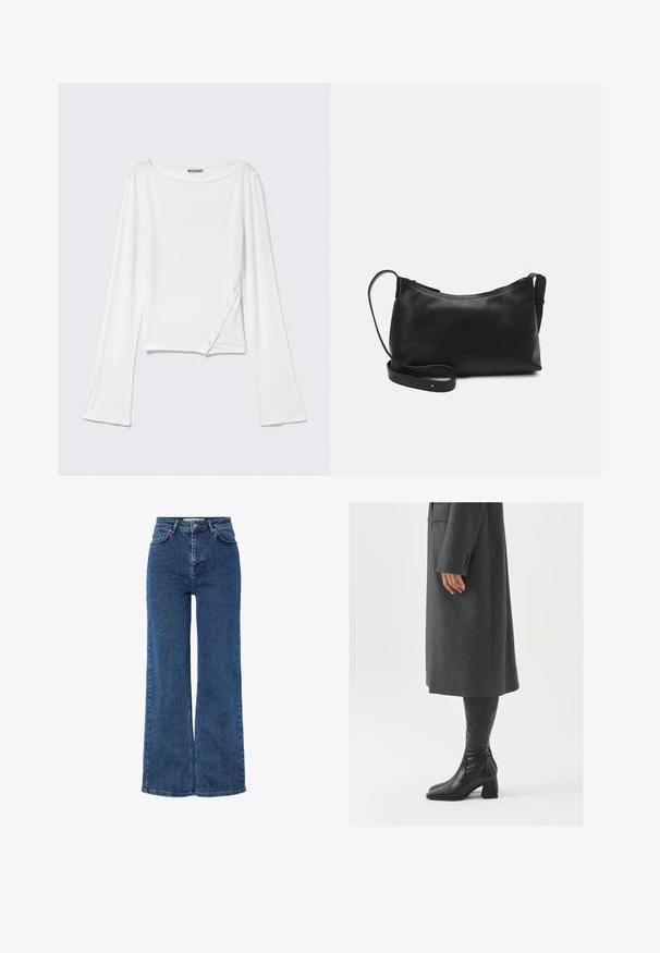 Biała bluzka z długim rękawem, z dekoltem w serek, bocznymi guzikami i lekko skróconym hemem. Wykonana z miękkiego, elastycznego materiału o gładkiej teksturze.; Jeansy z wysokim stanem w niebieskim kolorze, o szerokich nogawkach, z tradycyjnym pięciopunktowym wzorem, metalowym zapięciem oraz kontrastowym przeszyciem.; Szary, dopasowany płaszcz o prostym kroju; zestawiony z czarnymi skórzanymi kozakami do kolan z kwadratowym noskiem i grubym obcasem.; Czarna skórzana torba na ramię o gładkiej fakturze, zakrzywionym kształcie, regulowanym pasku i zapięciu na zamek. Minimalistyczny design bez zdobień.