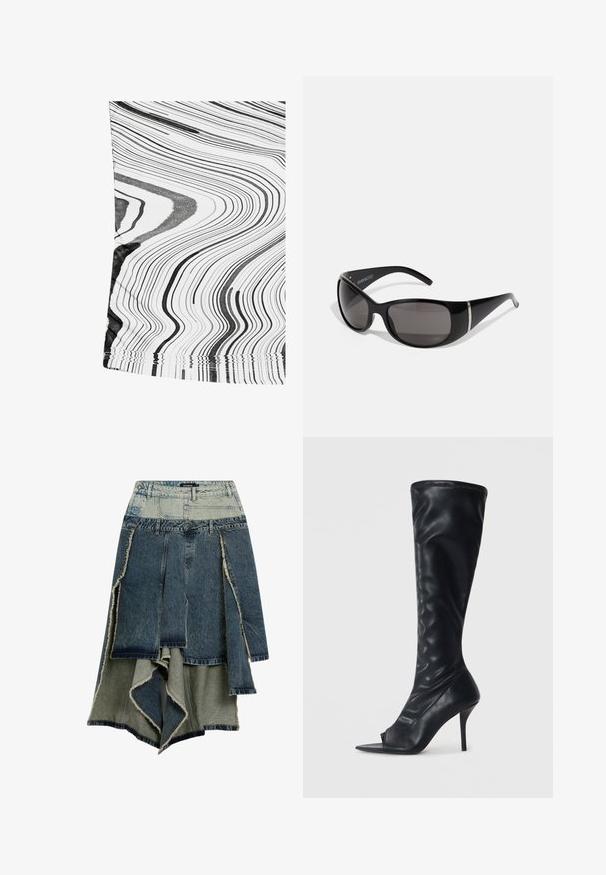 Schwarz-weiß gemusteter Stoff mit gewellten Linien. Das Material wirkt glatt mit einem leichten Glanz. Die Kanten haben einen einfachen gesteppten Abschluss.; Schwarze Damenjacke mit langen Ärmeln, Frontreißverschluss, breiten Manschetten und einem Kragen, flach auf einem hellgrauen Hintergrund ausgelegt.; Jeansrock mit einem Patchwork-Design in verschiedenen Blau- und Grüntönen, fransigen Kanten, asymmetrischem Saum und mehreren Panelen.; Schwarze synthetische Lederstiefel in Knielänge mit einer spitzen offenen Zehe und einem hohen Stiletto-Absatz. Strukturierte Oberseite und glatte Oberfläche.; Schwarze Sonnenbrille mit glänzendem Kunststoffrahmen, grauen verlaufenden Gläsern und silberfarbenen Akzenten an den Seiten. Schlankes, geschwungenes Design.