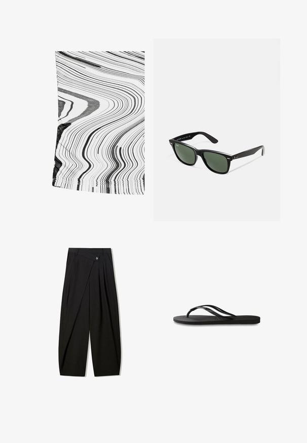 Zwart-witte gestreepte stof met golvende lijnen. Het materiaal lijkt glad met een lichte glans. De randen hebben een eenvoudige gestikte afwerking.; Zwarte brede pantalon gemaakt van soepele stof, met voorkeerdiezels, een knoopsluiting en een maatwerkontwerp voor een gestructureerde silhout.; Zwarte flip-flop met een gestructureerde rubberen zool, twee slanke banden en een subtiele, ingedrukte logo-detail op de band.; Zwarte plastic zonnebril met groene lenzen, vierkante montuur, zilveren accent op de wenkbrauw en een gestructureerde tempel. Merken vermeld op de binnenkant van de arm.