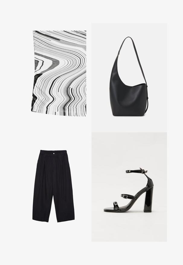 Musta-valkoinen kuvioitu kangas, jossa on aaltoilevia viivoja. Materiaali näyttää sileältä ja siinä on lievää kiiltoa. Reunoissa on yksinkertainen ommeltu viimeistely.; Musta polyesterinen culotte-housut, jossa on joustava vyötärö, kaksi etupleettiä ja löysä siluetti. Ei näkyviä kuvioita tai metallisia yksityiskohtia.; Musta kiiltävä korkokenkä sandaalit neliönmuotoisella varpaalla, nilkkaremmillä ja hopeisilla soljilla. Varustettu tukevalla lohkokorkealla vakauden takaamiseksi.; Musta nahkainen hobo-laukku, jossa on sileä pinta, kaareva muoto ja yksi säädettävä olkahihna; sisäänkäynti on leveä ylhäältä.
