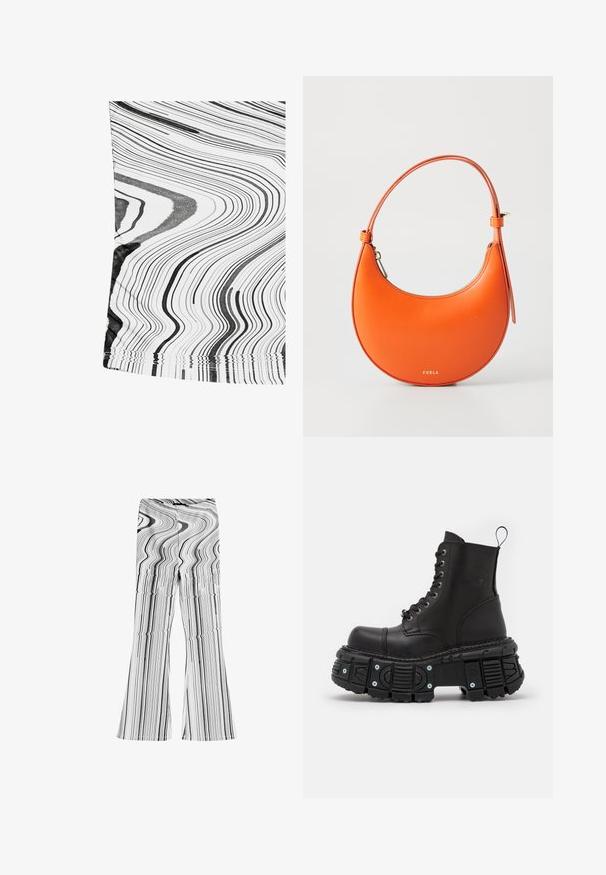 Sort-hvid mønstret stof med bølgede linjer. Materialet fremstår glat med en let glans. Kanterne har en simpel syet finish.; Sorte og hvide flarebukser med et bølget stribet mønster. Fremstillet af et glat materiale med en tætsiddende talje og brede benåbninger.; Sorte læderkampstøvler med høj skaft, snørelukning, kraftig gummisål og metalaccenter på sålens base.; Orange læderhåndtaske med en halvmåneform, slank rem og guldhardware. Har en lynlåslukning og prægede brandnavn på forsiden.