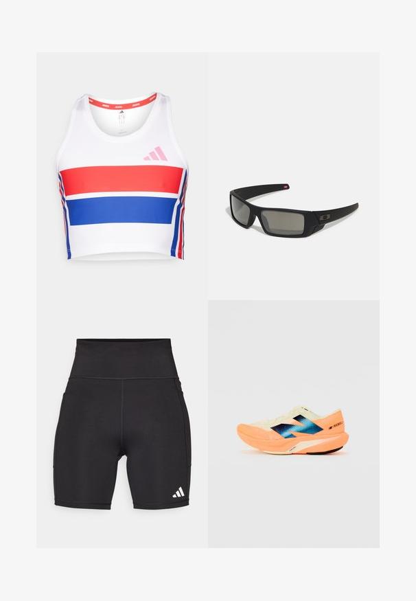Verkürztes Sporttanktop in Weiß mit roten und blauen horizontalen Streifen. Verfügt über ein pinkes adidas-Logo, einen runden Ausschnitt und eine glatte Stofftextur.; Schwarze Sportshorts aus dehnbarem Material. Hoher Bund, Oberschenkel-lange, mit weißem drei Streifen-Logo auf der unteren linken Seite.; Laufschuh mit einem leichten cremefarbenen Obermaterial, blauer Markenkennung und orangefarbenen Akzenten an der Sohle. Mesh-Struktur für Atmungsaktivität.; Schwarze Sonnenbrille mit matter Oberfläche, rechteckigen Gläsern, leichtem Bogen an den Schläfen, dezentem Logo-Detail und rauchgetönten Gläsern.