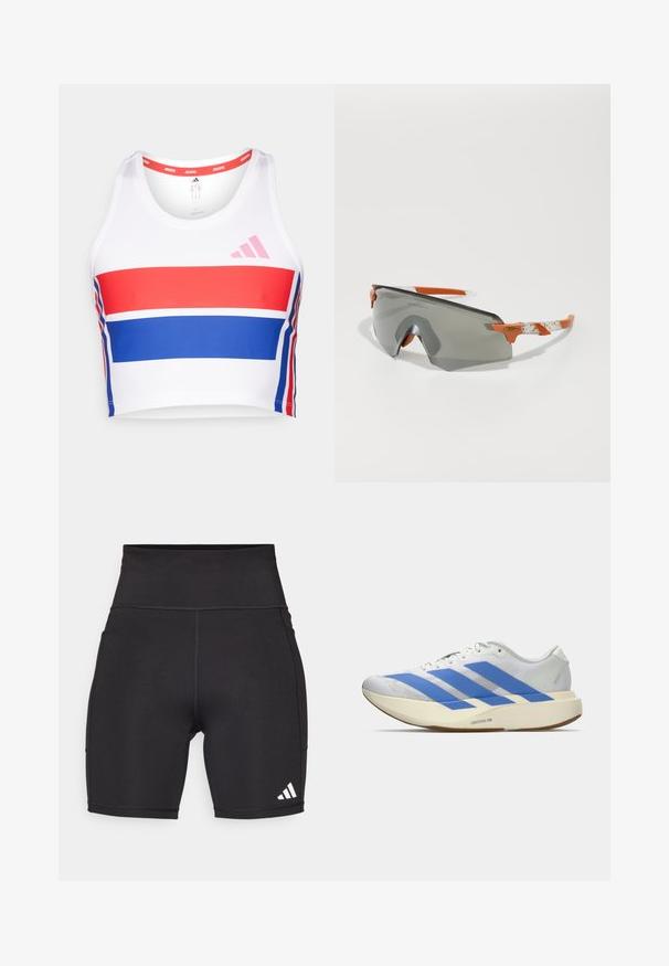 Korte atletische tanktop in het wit met rode en blauwe horizontale strepen. Voorzien van het roze adidas-logo, een ronde halslijn en een soepele stofstructuur.; Zwarte sportieve shorts van rekbaar materiaal. Hoge tailleband, van gemiddelde dijlengte, met een witte driekleurige logo op de linkeronderzijde.; Witte sportschoen met blauwe strepen, geztructureerde bovenkant, platte zool en "LIGHTSTRIKE PRO" branding aan de zijkant. Laag profiel ontwerp.; Sportzonnebril met een grijze lens, oranje accenten en patroon in de witte armen. Ontworpen voor prestaties met een rondlopende vorm.