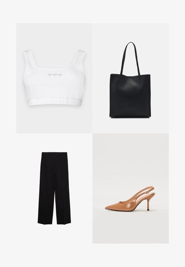 Top corto in cotone bianco con scollatura quadrata, caratterizzato da un sottile ricamo grigio "777" al centro e una texture liscia in tutto il capo.; Pantaloni neri a gamba larga in tessuto morbido, con pieghe nella parte frontale e tasche laterali, progettati con una linea dritta e comoda.; Tacco slingback a punta affusolata in un materiale tan liscio e lucido. Presenta un design con ritaglio curvo e un sottile tacco a stiletto. Dettaglio con fibbia argentata.; Borsa tote in pelle nera con texture liscia, forma rettangolare e due manici lunghi. Nessun hardware o decorazione visibile.