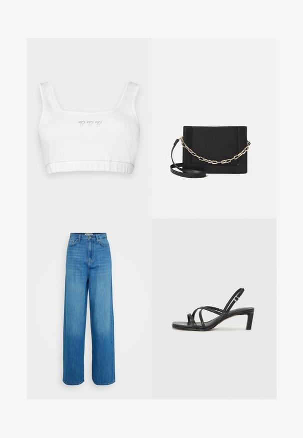 White cotton crop top with a square neckline, featuring subtle gray embroidered "777" in the center and a smooth texture throughout.; Blue high-waisted wide-leg jeans with front button and zipper closure, front and back pockets, and stitched hems on a white background.; Black strappy sandal with a square toe and a low block heel. Features multiple thin straps and an adjustable ankle strap. Made of smooth leather.; Black leather crossbody bag featuring a smooth texture, rectangular shape, and a metallic chain detail on the front. Adjustable strap included.