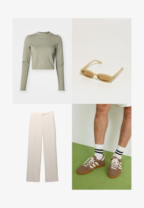 Rövidített, hosszú ujjú felső világos olíva zöld színben, sima, rugalmas anyagból készült, magas nyakkivágással és Calvin Klein logóval a gallérján.; Széles lábú nadrág világos bézs színű anyagból, sima textúrával. Illeszkedő derékpánttal, elülső gyűrődésekkel és látható zsebek nélkül készül.; Barna velúr sportcipő fehér díszítéssel és fűzővel. Gumi talp. Fehér zoknival viselve, fekete csíkokkal. Zöld, textúrázott padló.; Barna ovális napszemüveg világosbarna műanyag kerettel. Vékony szárak és színezett lencsék biztosítják a letisztult, minimális dizájnt.
