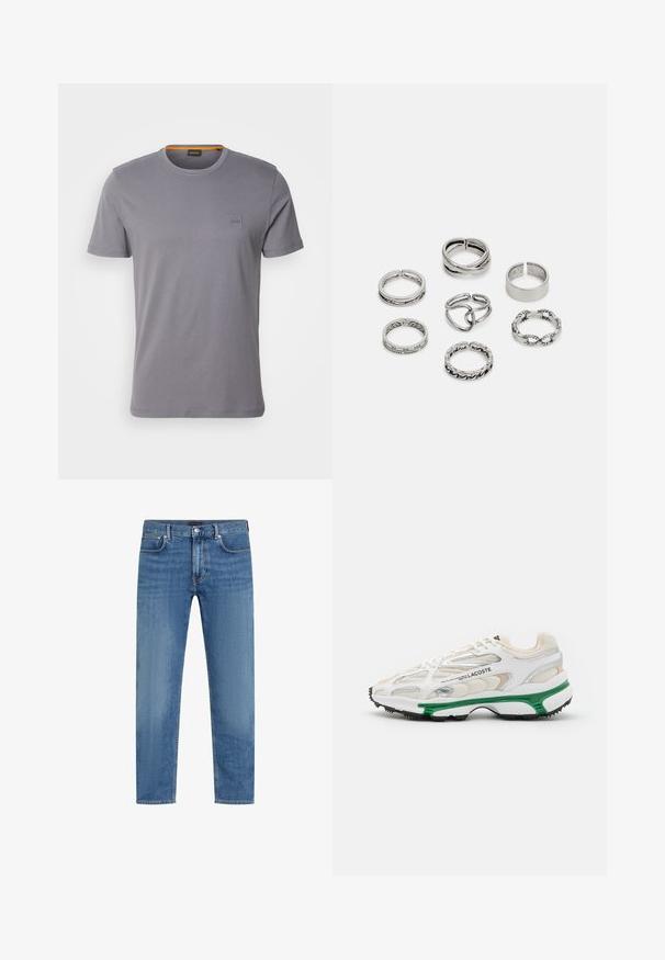BOSS TALES - T-shirt básica - dark grey; Jeans de denim de corte reto em azul, com cinco bolsos, fecho de botão e zíper, e um leve desbotamento nas coxas.; Sapatilha branca com detalhes verdes e sola de borracha preta. Apresenta painéis em malha e sintéticos, com um acabamento texturizado e costura visível.; Conjunto de sete anéis de prata com vários designs, incluindo padrões torcidos, entrelaçados e gravados. Diferentes formas e larguras.