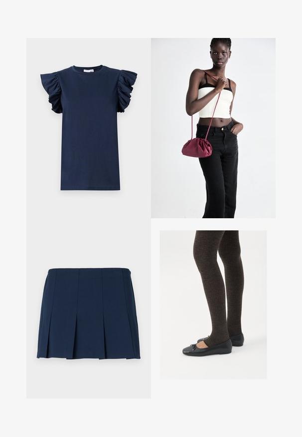 Navy blue T-shirt with short ruffled sleeves, round neckline, and a smooth texture. Simple design, no patterns or visible embellishments.; Navy blue pleated mini skirt with a straight waistband, made from a smooth fabric. Features vertical stitching along the pleats.; Black flat shoes with a small bow detail at the toe, paired with dark brown ribbed tights. Shoes have a smooth texture and low profile.; Burgundy soft fabric handbag with a gathered design and a long strap, worn crossbody. Model wears a white crop top and black jeans.