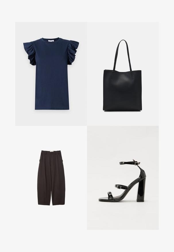Námořnická modrá tričko s krátkými volánkovými rukávy, kulatým výstřihem a hladkou texturou. Jednoduchý design, žádné vzory ani viditelné ozdoby.; Černé široké kalhoty vyrobené z hladkého materiálu, s vysokým pasem, předními sklady a bočními kapsami. Jednoduchý design bez ozdob.; Černé lakované sandály na podpatku se čtveratou špičkou, lýtkovými pásky a stříbrnými přezkami. Disponují masivním blokovým podpatkem pro stabilitu.; Černá kožená taška přes rameno s hladkým povrchem, obdélníkovým tvarem a dvěma dlouhými uchy. Žádné viditelné kování ani ozdoby.