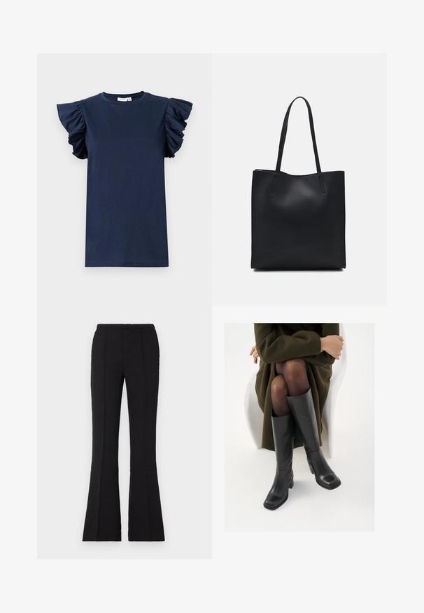 Tumesinine T-särk lühikeste volangvarrukatega, ümmargune kaelus ja sile tekstuur. Lihtne disain, ilma mustrite ja nähtavate kaunistusteta.; Mustad flared püksid siledast kangast, millel on sobiv talje, esisedetailid ja kerge flare, mis algab põlvest.; Knee-high mustad nahast saapad nelinurkse varbaga ja plokilise kontsaga, esitatud mudeli kõrval, kes istub oliivirohelises mantlis. Sujuv tekstuur, minimaalne detailide arv.; Mustast nahast kott sujuva tekstuuriga, ristkülikukujuline ja kahe pika sangaga. Pole nähtavat riistvara ega kaunistusi.