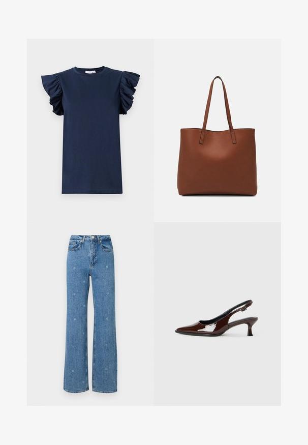 Laivansinis t-paita, jossa on lyhyet kuminauhalla varustetut hihat, pyöreä kaula-aukko ja sileä pinta. Yksinkertainen muotoilu, ilman kuvioita tai näkyviä koristeluja.; Siniset korkeavyötäröiset suorat farkut, joissa on pieniä valkoisia kukkakuvastoja ripoteltuna kankaan pinnalle.; Ruske patentin nahkalijatke sa špicastim nosom i umjerenom petom. Sadrže remen s kopčom za sigurno pristajanje. Glatka tekstura.; Ruskea nahkainen olkalaukku, jossa on sileä pinta, avoin yläosa ja kaksi olkahihnaa. Omaavat vain minimaalisen ompelun eikä näkyvää metalliosaa.