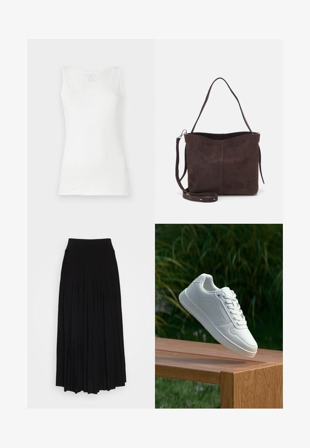 White tank top made of smooth cotton, featuring a round neckline and wide shoulder straps. Simple, classic design with no patterns or embellishments.; Black pleated skirt with a high, stretchy waistband. Made from soft fabric, featuring vertical pleats for a flowing silhouette.; White sneaker with a smooth synthetic upper, perforated toe box, flat laces, and a textured sole, displayed on a wooden surface.; Brown suede tote bag with a soft texture, featuring a single shoulder strap and a subtle curved top opening. No visible hardware details.