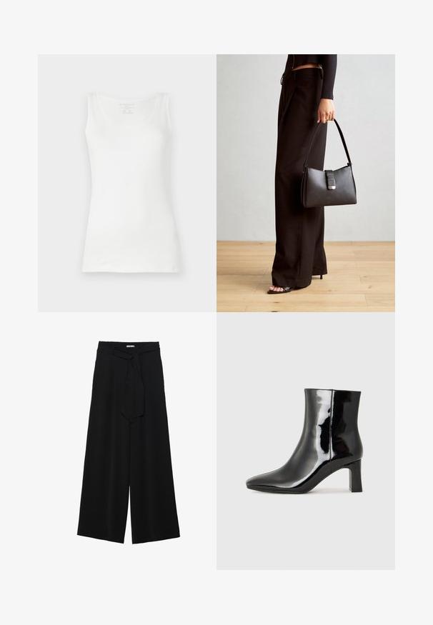 Witte tanktop van glad katoen, met een ronde halslijn en brede schouderbanden. Eenvoudig, klassiek ontwerp zonder patronen of versieringen.; Zwarte wijde broek van textuurstof, met een elastische tailleband en een afneembare sjaalstrik in de taille voor een verstelbare pasvorm.; Zwarte gepolijste leren enkellaars met een spitse neus en een blokhak van gemiddelde hoogte. Glad textuur en minimalistisch ontwerp.; Zwarte handtas met gestructureerde vorm, gladde textuur en een metalen sluiting. Gecombineerd met brede zwarte broeken en sandalen met open teen op een houten vloer.