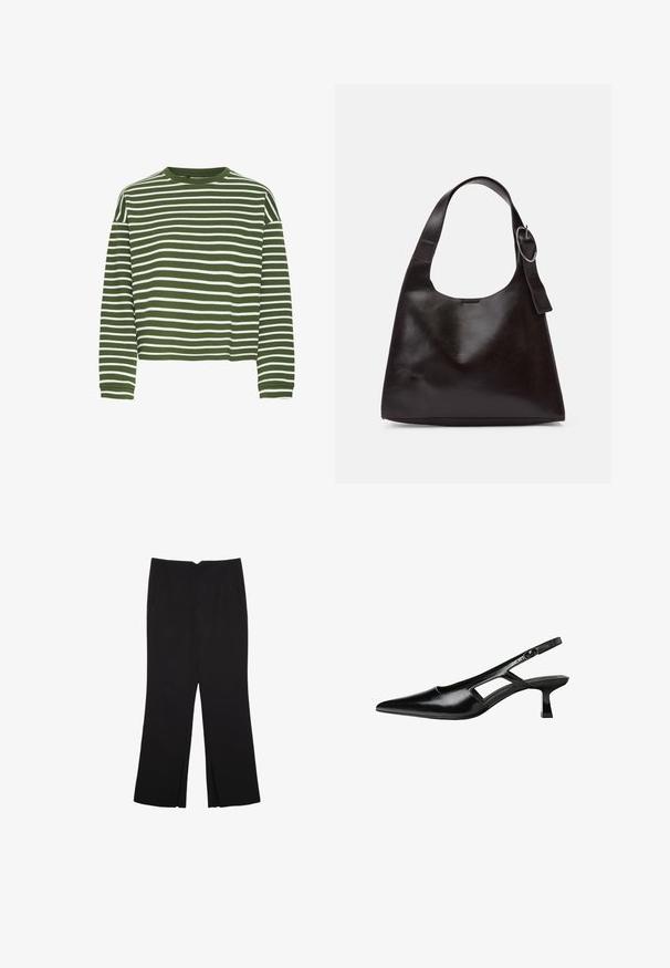 Grön- och vitrandig långärmad topp med rund halsringning och rak skärning. Mjuk, texturerad tyg som har jämnt fördelade horisontella ränder.; Svarta byxor med rak passform, utrustade med framfickor och sidoklyvningar vid fållen. Tillverkade av mjukt, slätt tyg. Lämpliga för olika tillfällen.; Svart lackläder slingback-klackar med spetsig tå, utskuren sidor och en liten fyrkantig klack. Slät textur med minimala accenter.; Brun läder axelväska med en slät yta, rund form, bred rem och cirkulär metallaccent på handtaget.