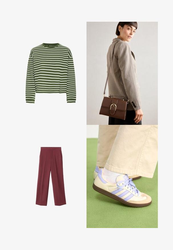 Green and white striped long-sleeve top with a round neckline and straight cut. Soft, textured fabric, featuring evenly spaced horizontal stripes.; Maroon wide-leg trousers with a smooth texture, featuring side pockets and a high waist design. Tailored with a clean front crease.; Cream and lavender sneakers with three stripes and a textured brown sole, featuring laces and a padded heel. Soft fabric upper.; Brown leather crossbody bag with a gold hardware buckle, rectangular shape, smooth texture, and a detachable strap.