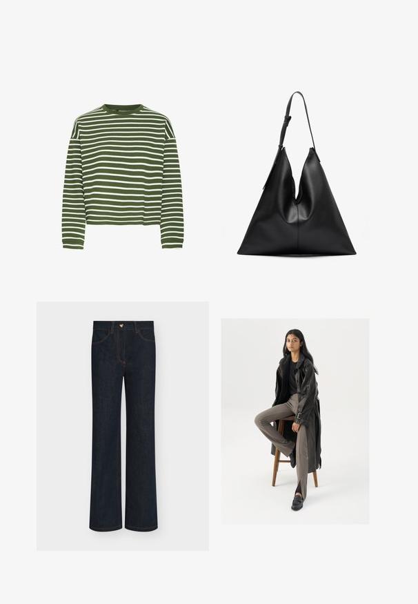 Grøn- og hvidstribet langærmet top med rund halsudskæring og lige snit. Blødt, tekstureret stof med jævnt fordelte vandrette striber.; Mørkeblå jeans med vidde i benene og høj talje, med orange syninger og en hjerteformet metalknap. Fem-lomme design.; Sort læder trench coat med knapper og bælte detalje, parret med lysebrune tætsiddende bukser og sorte loafers, siddende på en træstol.; Sort læder trekantet håndtaske med en enkelt justerbar skulderrem og en blød, let slappet struktur.