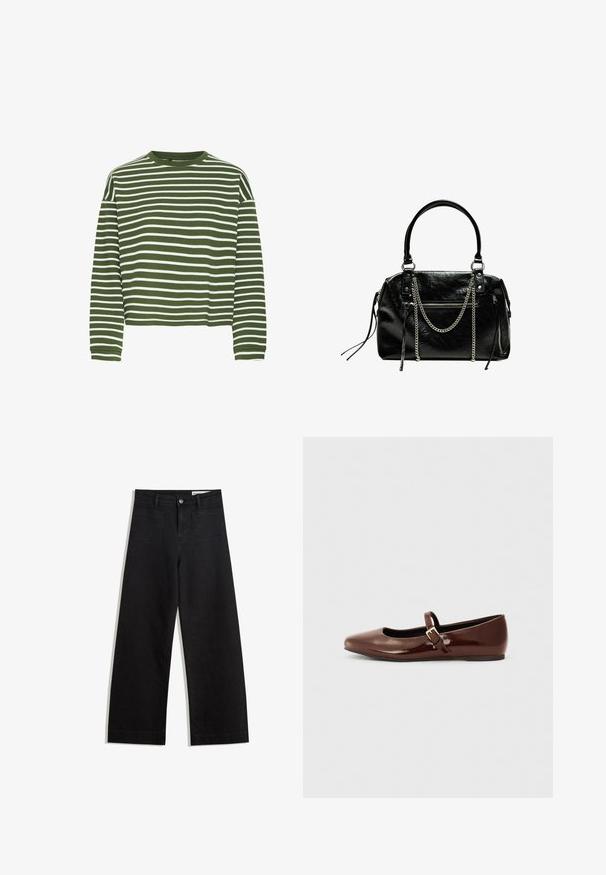 Grøn- og hvidstribet langærmet top med rund halsudskæring og lige snit. Blødt, tekstureret stof med jævnt fordelte vandrette striber.; Sorte wide-leg denim bukser med høj talje, der har front- og baglommer, syede sømme og en knaplukning. Glat tekstur.; Brun patentlæder balletflade med firkantet tå og strop med en lille guldbuckle. Glat tekstur, lav hæl og minimalistisk design.; Bershka WITH CHAIN - Håndtasker - black