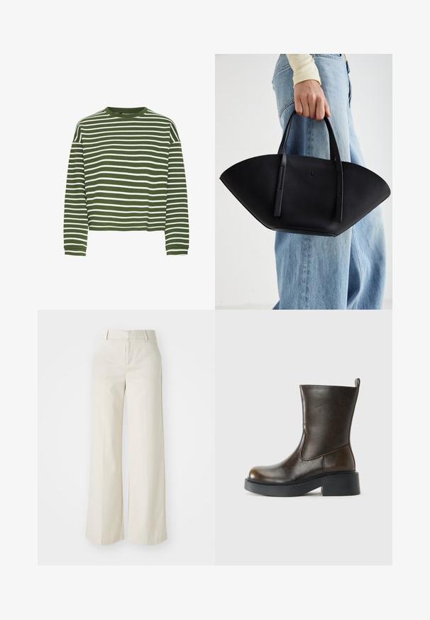 Zaļi un balti svītrota ilggalvaina blūze ar apaļu izgriezumu un taisnu piegriezumu. Mīksts, teksturēts audums ar vienmērīgi izvietotām horizontālām svītrām.; Platas kājās bikses gaisā bežā krāsā, izgatavotas no gludas auduma. Iezīmē klasisku jostasvietu un plakanu priekšpusi ar tīrām līnijām.; Tumši brūni pusgarie ādas zābaki ar noapaļotu purngalu, biezu melnu zoli, zemu blokveida papēdi un vilkšanas cilpu aizmugurē.; Melnas ādas rokassoma ar unikālu ventilatora formu, aprīkota ar plakaniem rokturiem. Virsma ir ar graudainu faktūru un minimālistisku dizainu.