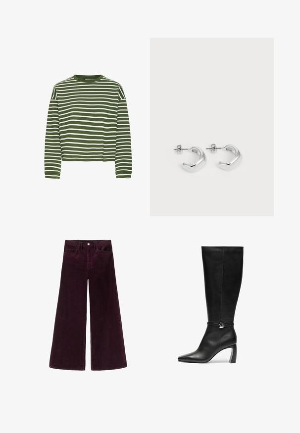 Grøn- og hvidstribet langærmet top med rund halsudskæring og lige snit. Blødt, tekstureret stof med jævnt fordelte vandrette striber.; Vide ben corduroy bukser i dyb burgunder, med høj talje, knaplukning og klassisk fem-lomme design med ribbet tekstur.; Sorte læderknæhøje støvler med spids tå og tyk hæl. Har en rem med en cirkulær detalje ved anklen.; Sølvøreringe med en glat, poleret overflade. Rund form med et let buet design og sammenblandede kanter. Med stiftlåsesystem.