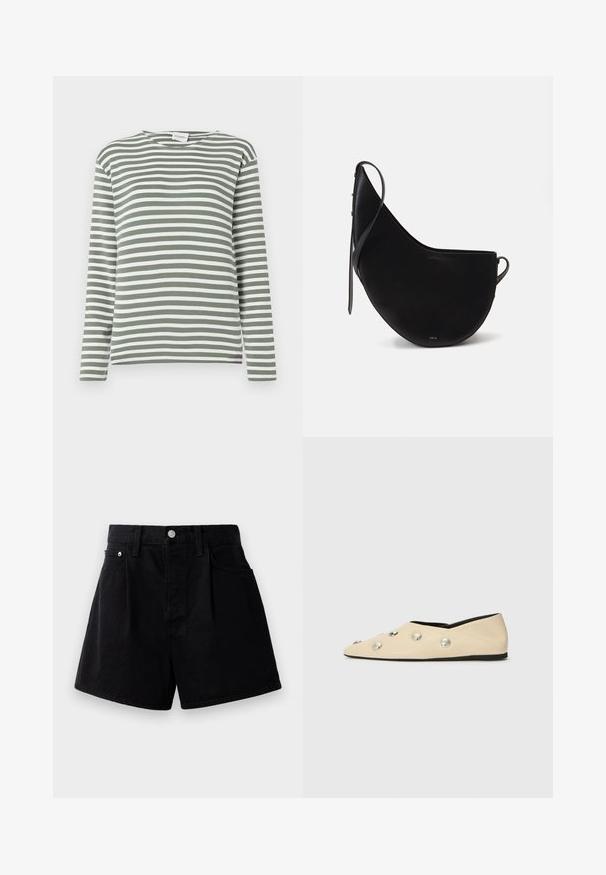 CLOSED BASIC LONGSLEEVE - Langarmshirt - faded green; Schwarze Denim-Shorts mit gerader Passform, ausgestattet mit einem Knopfverschluss, zwei vorderen Taschen und einem weichen, strukturierten Stoff.; CLOSED Klassischer Ballerina - ecru; Schwarze Ledertasche in geschwungener Mondform, mit einem schlanken Trageriemen und dezentem goldenen Branding auf der Vorderseite. Glatte Textur mit minimalem Metalleinsatz.