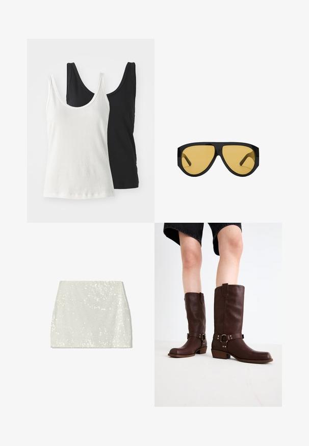 To bomulds tanktoppe: en hvid og en sort. Begge har en rund halsudskæring og tynde stropper, der viser en glat, blød tekstur.; Bershka A-snit nederdel - white; Brune læder knæhøje støvler med rund tå, struktureret overflade, ankelrem og sølvhardware detaljer; stablet hæl.; Sunglasses med en slank sort plastisk ramme og gule tonede linser, med en karakteristisk vinkelret form og brede stigegler for ekstra dækning.; Mango Håndtasker - black