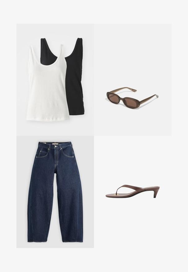 Kaksi puuvillapaitaa: yksi valkoinen ja yksi musta. Molemmissa on pyöreä pääntie ja ohuet hihnat, ja ne esittelevät sileää, pehmeää tekstuuria.; Tummansinisiä farkkuja, joissa on rento malli, vaaleat tikkaukset, viisi taskua ja nappikiinnitys vyötäröllä.; Kahvoit varrelliset flip-flop sandaalit, joissa on hoikka hihna ja pyöristetty varvasosa, sekä pieni kultainen yksityiskohta pohjalla.; Ruske oválne slnečné okuliare s tmavými sklami. Rám je vyrobený z priesvitného hnedého materiálu a na stranách má potlačené logo.