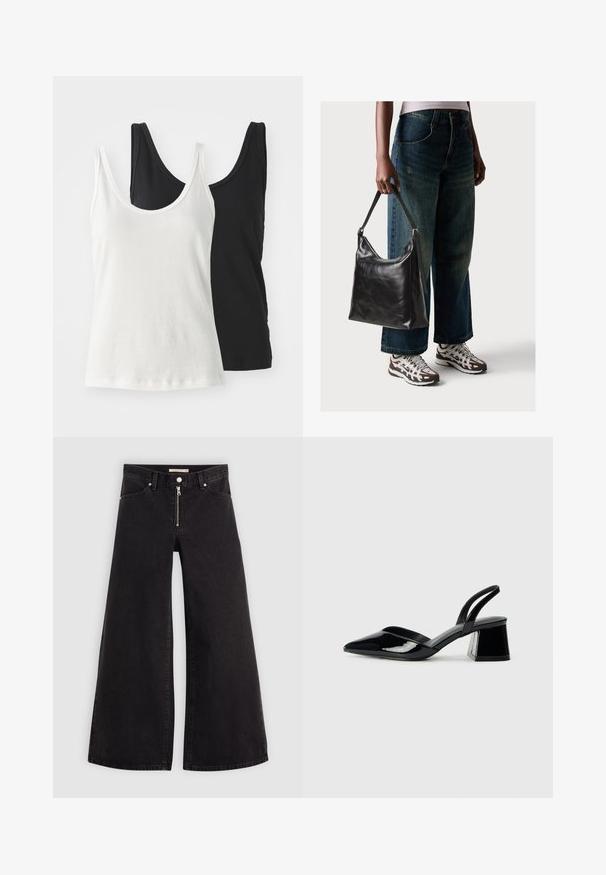 Dva pamučna majica bez rukava: jedna bijela i jedna crna. Obe imaju okrugli izrez i tanke naramenice, prikazujući glatku, meku teksturu.; Široke traperice od crnog denima s prednjim zatvaračem, dizajnom s pet džepova i suptilnim detaljima šivanja. Glatka tekstura i ležeran stil.; Crne lakirane kožne sandale s otvorenom petom i špicastim vrhom, s geometrijskom blok petom. Imaju elegantan, minimalistički dizajn i glatku teksturu.; Crna kožna torba za rame s glatkom teksturom i podešivim remenom, u kombinaciji s izblijedjelim širokim trapericama i sportskim tenisicama.