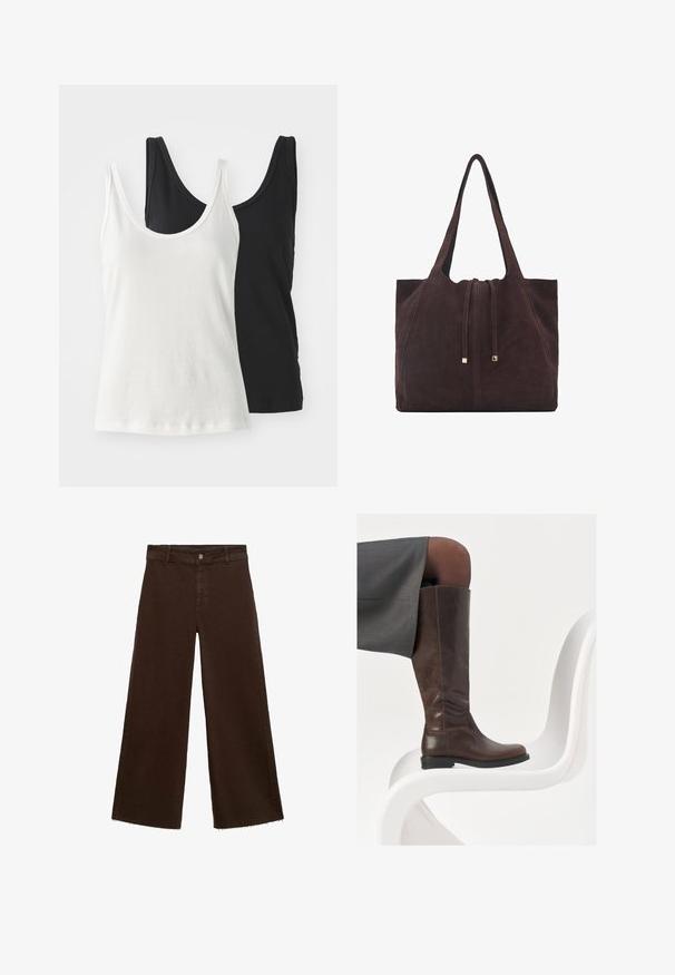 Dvě bavlněné tílka: jedno bílé a jedno černé. Obě mají kulatý výstřih a tenké ramínka, což zdůrazňuje hladkou, jemnou texturu.; Hnědé kalhoty širokého střihu z bavlněné směsi, s třepicí na lemu, předním zapínáním na knoflík a klasickým designem pěti kapes. Minimalistické a univerzální.; Hnědá kožená kotníková bota s rounded toe, hladkou texturou a minimálními švy, umístěná na světlém pozadí na bílé židli.; Mango Velká kabelka - dark brown