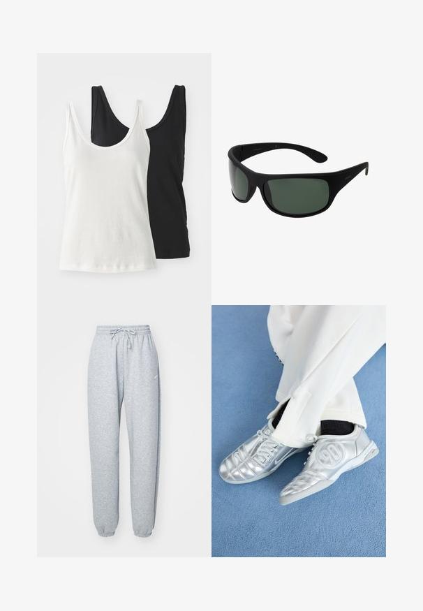 Twee katoenen tanktops: één wit en één zwart. Beide hebben een ronde hals en dunne banden, met een zachte, gladde textuur.; Lichtgrijze sweatpants gemaakt van een zachte katoenen mix, met een elastische tailleband met koord, taps toelopende benen en ribgebreide boorden. Minimale merkdetails.; Zilveren sportschoenen met een gladde, glanzende afwerking, voorzien van een gestikt ontwerp en het nummer 90 aan de zijkant, gecombineerd met witte broek.; Zwarte wikkelzonnebril met donkergroene lenzen. Matte afwerking, gebogen ontwerp, met rechte armen en subtiele branding aan de zijkant.