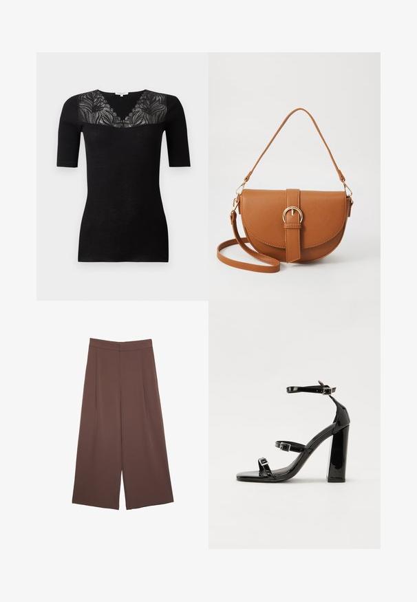 Černý žebrovaný top s krátkým rukávem, který má výstřih do V se složitými krajkovými detaily na ramenou. Hladká textura, přiléhavý design.; Hnědé široké kalhoty s hladkou texturou, vysokým pasem a předními záhyby. Materiál je lehký a volně splývá.; Černé lakované sandály na podpatku se čtveratou špičkou, lýtkovými pásky a stříbrnými přezkami. Disponují masivním blokovým podpatkem pro stabilitu.; Hnědá kožená křížová taška s zakřiveným tvarem, zlatými detaily a akcentem s přezkou. Obsahuje odnímatelný popruh na rameno.