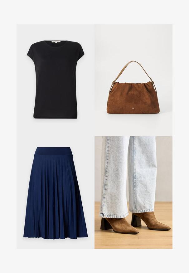 Svart kortermet topp i myk stoff med rund hals og avslappet passform. Har rullet mansjetter og en jevn, ensartet tekstur.; Mørkeblå plissert skjørt med bred midjebånd, laget av et glatt stoff. Har vertikale folder og faller til midten av leggen.; Brune semskede ankelstøvler med spids tå, blokhæle og en glat tekstur, sammen med lyseblå vide ben jeans.; Brun semsket håndveske med en samlet design, som har en enkelt tan lærrem og en subtil gull logo detalj på forsiden.