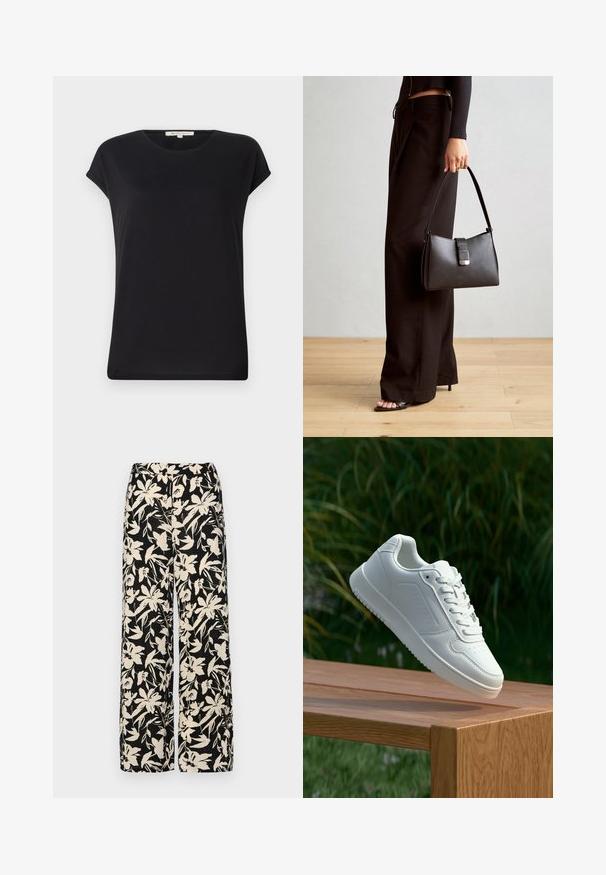 Fekete, rövid ujjú felső puha anyagból, kerek nyakkivágással és laza szabással. Felhajtott ujjak és sima, egyenletes textúra jellemzi.; Fekete, bő szárú nadrág krém színű virágmintával. Könnyű anyagból készült, sima tapintású és magas derékrésszel rendelkezik.; Fehér sportcipő sima szintetikus felsőrésszel, perforált lábujjrész, lapos fűzőkkel és texturált talppal, fából készült felületen kihelyezve.; Fekete kézi táska strukturált formával, sima textúrával és fémből készült záródással. Széles fekete nadrággal és nyitott orrú szandállal párosítva, fából készült padlón.