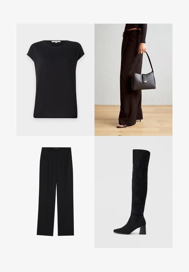 Top negro de manga corta en tejido suave con un escote redondo y corte relajado. Presenta puños enrollados y una textura lisa y uniforme.; Pantalones negros con un diseño de pierna recta, que cuentan con dos bolsillos frontales y una cinturilla. Fabricados con una tela suave y ligera.; Bota de ante negra hasta la rodilla con tacón cuadrado, puntera afilada y diseño liso y sin costuras sobre un fondo claro.; Bolso negro con forma estructurada, textura suave y un cierre metálico. Combinado con pantalones anchos negros y sandalias de dedo en un suelo de madera.