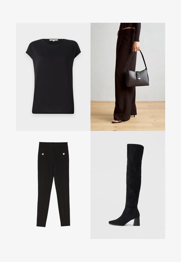 Črna majica s kratkimi rokavi iz mehkega materiala z okroglo ovratnico in sproščenim krojem. Ima zvite manšete in gladko, enotno teksturo.; Črne krojene hlače z gladko teksturo, ki imajo dva sprednja žepa z dekorativnimi kovinskimi detajli in ožji kroj.; Črne semiš škornje do kolen z blok peto, s koničastim nosom in gladkim, brezšivnim dizajnom na enostavni svetli podlagi.; Črna torbica z strukturirano obliko, gladko teksturo in kovinskim zaponko. Ujemajo se z širokimi črnimi hlačami in odprtimi sandali na lesenem tleh.