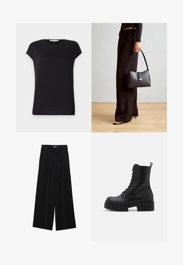 Top nero a maniche corte in tessuto morbido con scollatura rotonda e vestibilità rilassata. Presenta orli arrotolati e una texture liscia e uniforme.; Pantaloni neri a gamba larga caratterizzati da un tessuto testurizzato, una vita elastica e una cintura staccabile per una vestibilità regolabile.; Stivale alla caviglia in pelle nera con suola spessa e scanalata, lacci anteriori e linguetta per il sollevamento su sfondo bianco liscio.; Borsa nera con forma strutturata, texture liscia e una chiusura metallica. Abbinata a pantaloni neri larghi e sandali open-toe su un pavimento in legno.