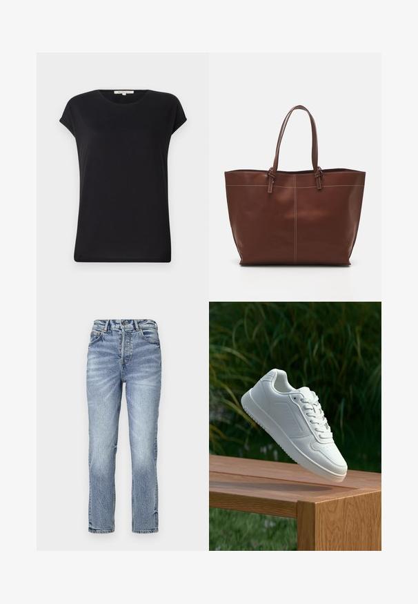 Schwarzes T-Shirt mit kurzen Ärmeln aus weichem Stoff, rundem Ausschnitt und lockerer Passform. Mit aufgerollten Ärmeln und einer glatten, einheitlichen Textur.; Hellblaue Jeans aus Denim mit geradem Schnitt, hohem Bund, verblasster Textur und fünf Taschen. Verfügt über einen Metallknopf und einen Reißverschluss.; Weiße Sneaker mit einem glatten, synthetischen Obermaterial, perforierter Zehenbox, flachen Schnürsenkeln und einer strukturierten Sohle, präsentiert auf einer Holzoberfläche.; Braune Leder-Umhängetasche mit doppelten Griffen, verfügt über eine kontrastierende Naht und ein geräumiges Design, das sich für den täglichen Gebrauch eignet.