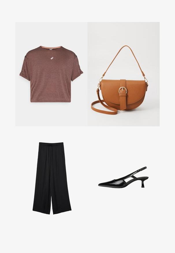 Brązowa koszulka z krótkim rękawem, wykonana z teksturowanej tkaniny, z okrągłym dekoltem i małym logo na piersi. Posiada podwinięte rękawy.; Czarne spodnie typu wide-leg wykonane z lekkiego materiału, z elastycznym pasem i troczkami. Gładka tekstura, bez widocznych wzorów ani akcentów.; Czarne lakierowane czółenka na odkrytej pięcie z wąskim noskiem, z wykrojem po bokach i małym kwadratowym obcasem. Gładka faktura z minimalnymi akcentami.; Brązowa skórzana torba na ramię o zaokrąglonym kształcie, ze złotymi akcentami i zapięciem w formie klamry. Posiada odpinany pasek na ramię.