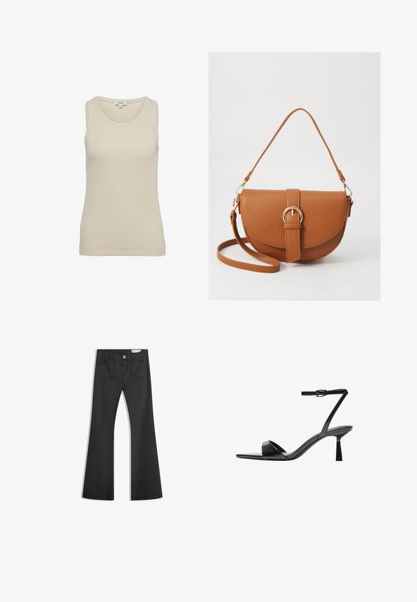 Light beige tank top with a round neckline and wide shoulder straps. Made of ribbed fabric, it features a simple, seamless design.; Black flared jeans made of denim with a smooth texture, featuring two back pockets and a button closure at the waist.; Bershka High heeled sandals - black; Brown leather crossbody bag with a curved shape, gold hardware, and a buckle accent. Features a detachable shoulder strap.