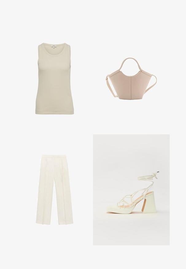 Helles beiges Tanktop mit rundem Halsausschnitt und breiten Trägern. Hergestellt aus geripptem Stoff, zeichnet es sich durch ein einfaches, nahtloses Design aus.; Weit geschnittene Hosen in einem hellen cremefarbenen Farbton. Hergestellt aus einem glatten Stoff mit Falten an der Vorderseite und seitlichen Taschen.; Weiße High-Heel-Sandale mit einem klobigen Absatz, die über ein Riemchendesign und ein Knöchelband verfügt. Glatte Textur mit einer Plattform vorne für zusätzliche Höhe.; Beige Lederhandtasche mit einer einzigartigen Form, die zwei kurze Henkel und einen langen verstellbaren Riemen aufweist. Glatte Textur mit minimalen Hardware-Elementen.