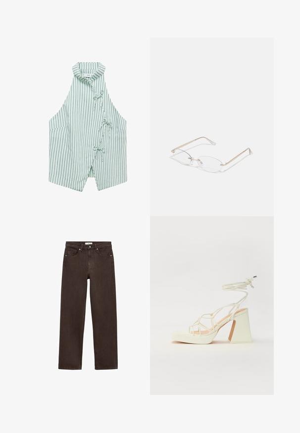 Svetlo zelena brezrokavnik z mornarsko modrimi navpičnimi črtami, z mandarin ovratnikom in tremi vezalkami spredaj. Mehka tkanina z gladko teksturo.; Rjave široke kavbojke iz denima, s klasičnim pet-žepnim dizajnom, gumbom za zapiranje in diskretnimi detajli šivanja.; Bela sandala na visokih petah s debelim petam, ki ima obliko trakcev in vezanje okoli gležnja. Gladka tekstura z platformo spredaj za dodatno višino.; Zlate kovinske očala z ovalnimi lečami, tankimi ročaji in prozornimi nosnimi blazinicami. Imajo diskretne poudarke na tečajih in prozorne leče.; Rjava usnjena torbica prek telesa s ukrivljeno obliko, zlate opreme in sponko. Ima odstranljiv naramni trak.
