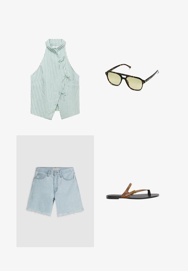 Lichtgroene mouwloze vest met marineblauwe verticale strepen, een mandarin kraag en drie strikjes aan de voorkant. Zachte stof met een gladde textuur.; Lichtblauwe denimshorts met een rafelige zoom, vier zakken en een gulp met rits; heeft subtiele vervaging en zilverkleurige details.; Tan leren teenslipper met een gouden gespdetail, een platte zwarte zool en een minimalistisch ontwerp, met een soepele textuur.; Schildpadbril met een rechthoekige vorm, groengetinte lenzen en gepatterde acetaat montuur. Kenmerkt metalen accenten nabij de lenzen.