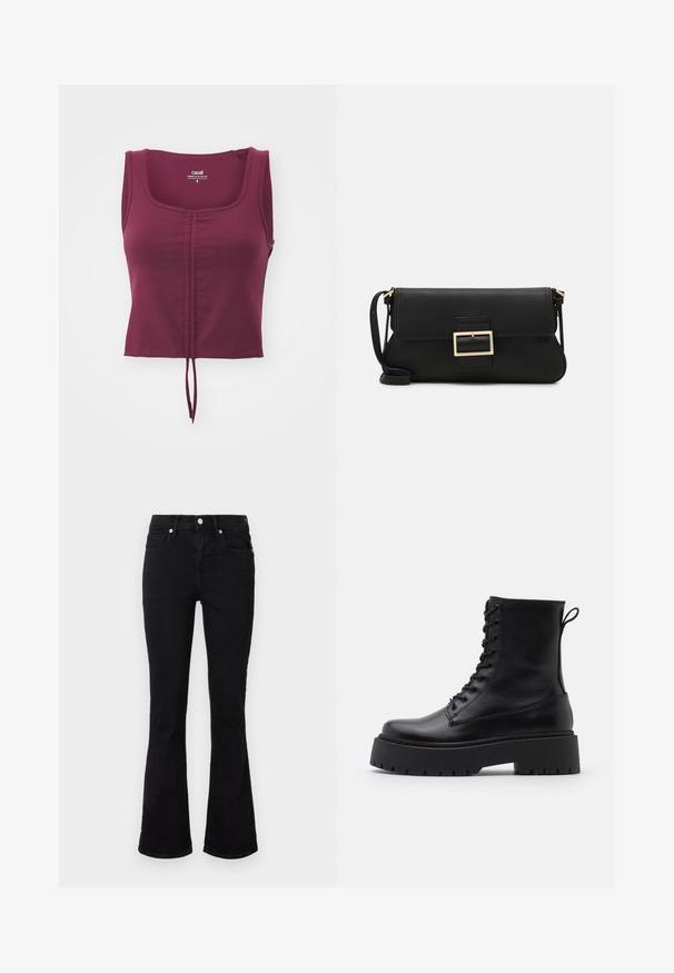 Casall CREASE SLEEVELESS CROP - Linne - evening red; Svarta utsvängda jeans i denim, med medelhög midja, framfickor och knäppning. Slät yta med minimala sömnadsdetaljer.; Svarta läderankelboots med rund tå, snörning framtill och en tjock gummisula med strukturerat mönster. Dragflik bak.; Svart läderkuvertväska med en klaff och detalj i guldmetallspänne. Innehåller en svart rem och en elegant, minimalistisk design.