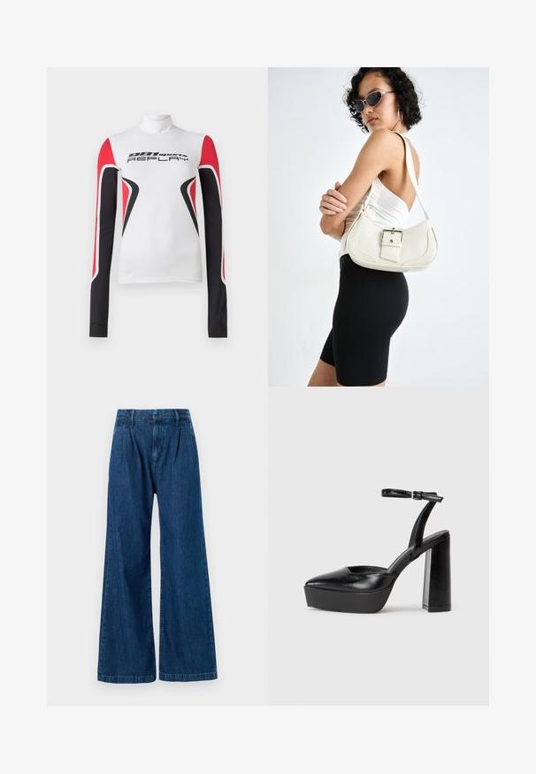 Valge pikakä sleeve sporttop, millel on punased ja mustad geomeetrilised mustrid ning ees tekst "981 sport REPLAY", sisaldab kõrget krae.; Tumed sinised avarad teksad. Omavad pleeditud esiosa ning õmmeldud detailid vöökoha ja ääre juures. Valmistatud puuvillaste kangast.; Mustad platvormi kontsad terava ninaga ja reguleeritava pahkluuraamiga. Valmistatud siledast nahast, funktsioneerib massiivse plokknäheeliga.; Valge nahast käekott, millel on kõver kuju, reguleeritav rihm ja väike nööbiga detail. Mudel kannab sobivat musta kostüümi.