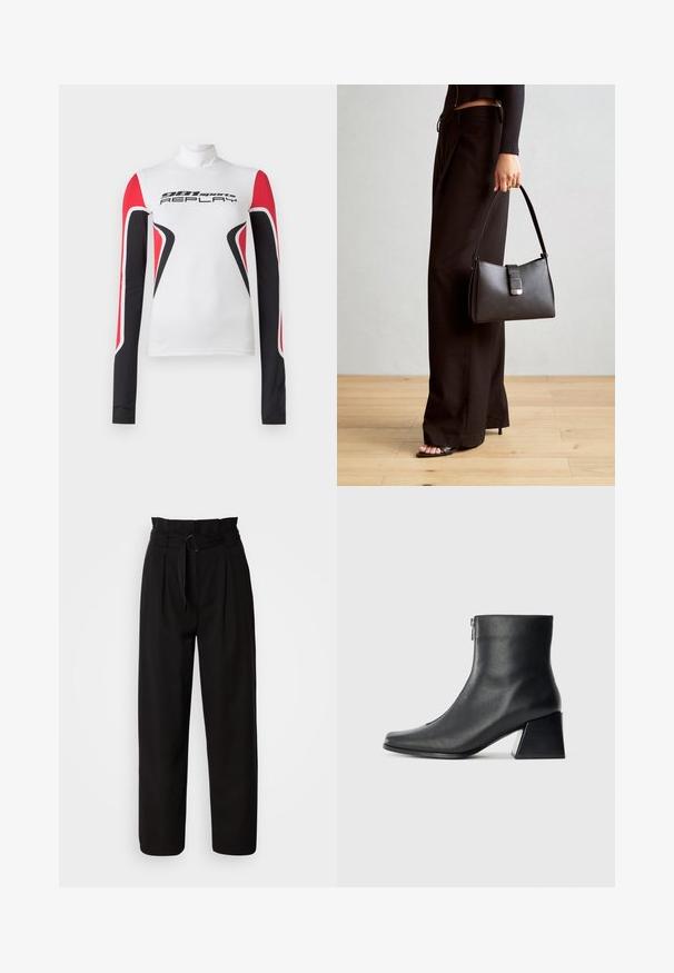 Baltas ilgo rankovės sportinis marškiniai su raudonais ir juodais geometriniais raštais bei tekstu "981 sportas REPLAY" priekyje, turintys aukštą apykaklę.; Juodi kelnes aukštu liemeniu su plačiomis kojomis, turinčios priekinės raukšles ir audinio diržą su apvaliu sagtimi. Lygus tekstūra ir pritaikytas dizainas.; Juodas odinis kulkšninis botas su kvadratiniu pirštu, šoniniu užtrauktuku ir blokuotu kulnu, prieš lengvą paprastą foną.; Juodas rankinė struktūrizuota forma, lygi tekstūra ir metalinis užsegimas. Suporuota su plačiomis juodomis kelnėmis ir atvirais bateliais ant medinių grindų.