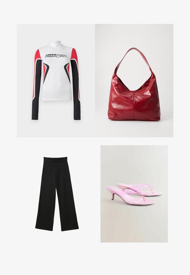 Vit långärmad sporttop med röda och svarta geometriska mönster samt texten "981 sports REPLAY" fram, med hög krage.; Svarta vida byxor i mjukt tyg, med hög, elastisk midjeband, helängd ben och inga synliga mönster eller detaljer.; Rosa klacksandaler med en glänsande finish, med en toffelremdesign och en smal metallklack. Mjuk textur och minimalistisk stil.; Röd läderhåbag med en mjuk, texturerad yta, en enkel axelrem och en rund, slapp form.
